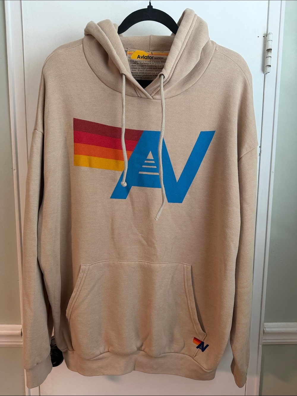 Aviator Nation Sand Beige Hoodie with Blue AV Logo & Rainbow Stripes L